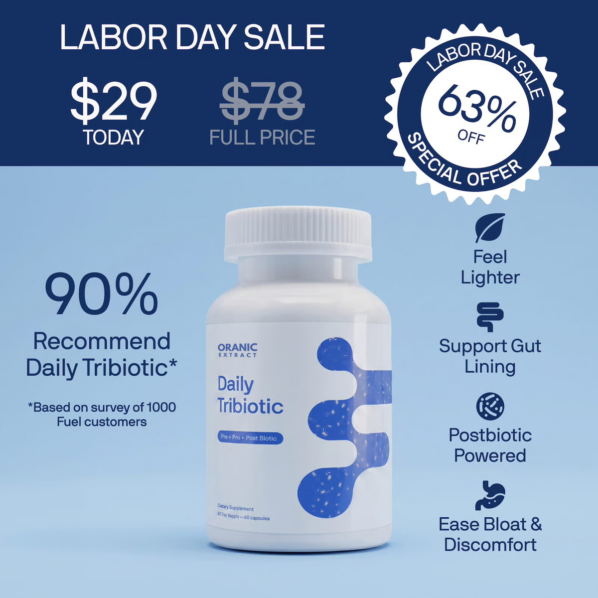 Stop Bloating & Restore Regularity with Daily Tribiotic (Pre+Pro+Postbiotic)